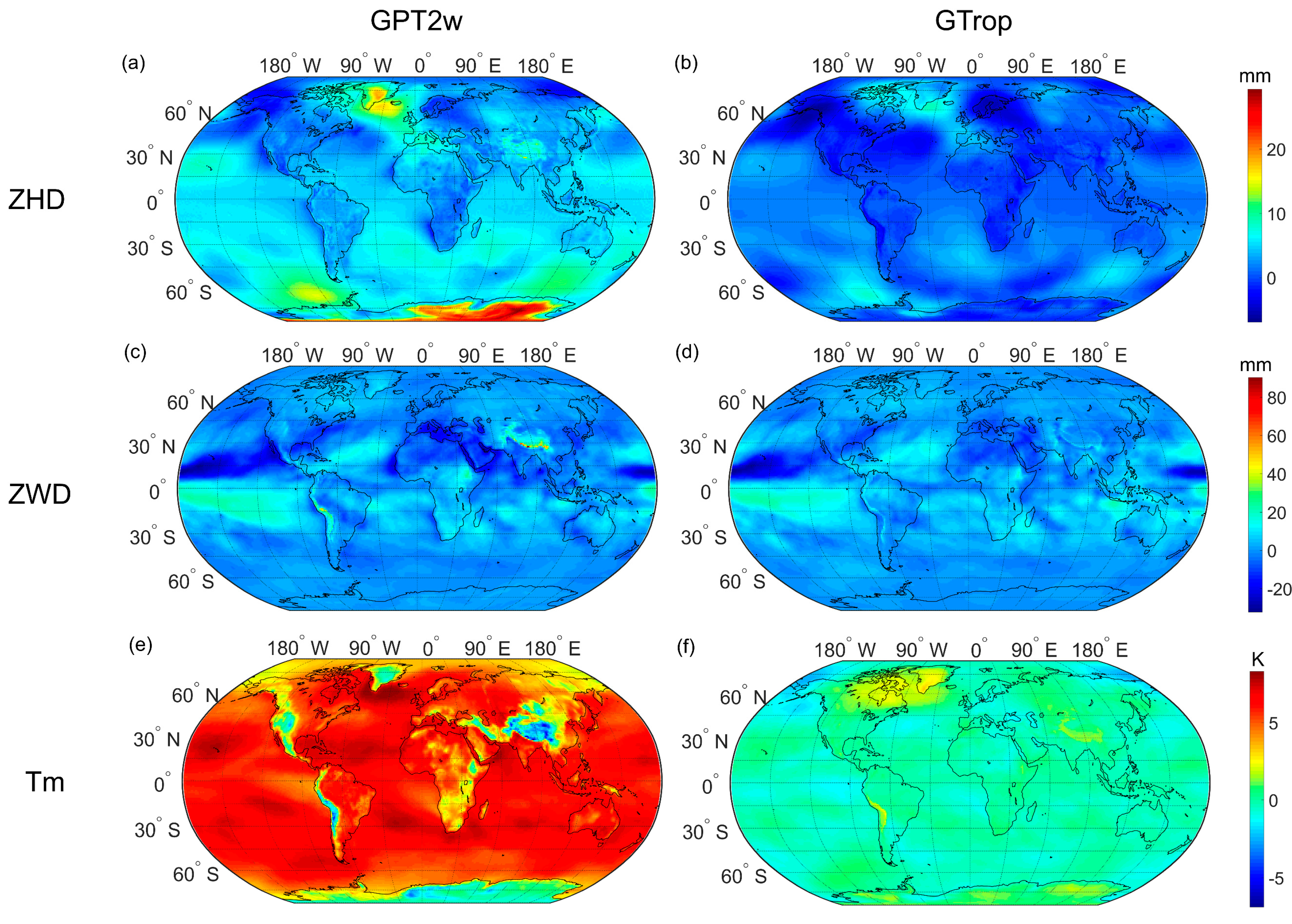Global bias of GTrop and GPT2w validated by ECMWF data