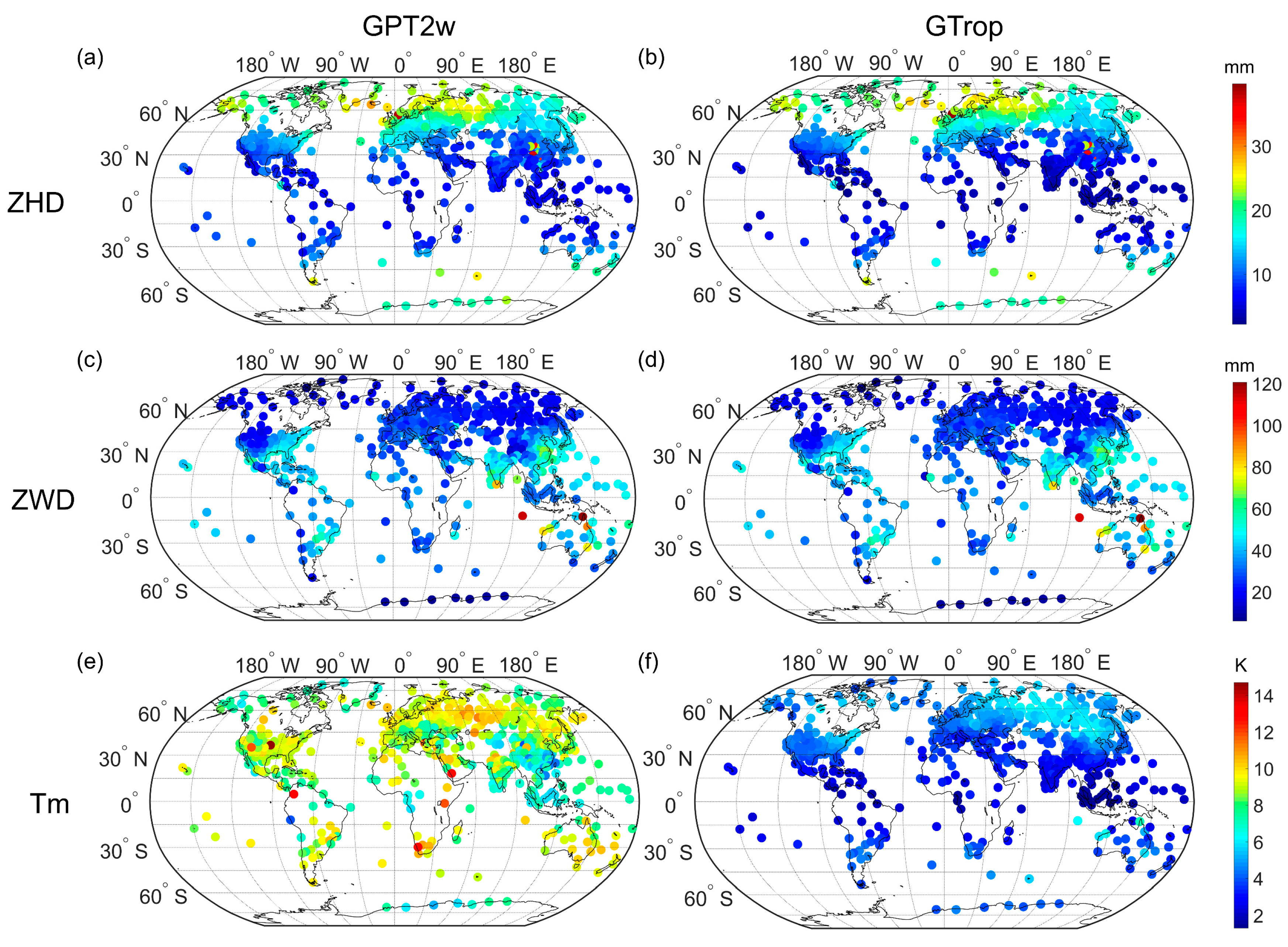 Global RMS of GTrop and GPT2w validated by radiosonde data
